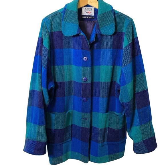 Avoca Jackets & Blazers - Avoca Coat Women's X-Large Chenille Teal Blue Checked Lined Made In Ireland